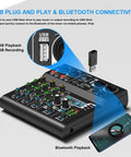 XR4 Pro 4 Channel DJ Mixer With Built In DSP 99 Effects Bluetooth 5.0 USB Recording Karaoke Ready displaying USB OTG and Bluetooth