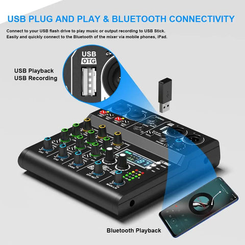 XR4 Pro 4 Channel DJ Mixer With Built In DSP 99 Effects Bluetooth 5.0 USB Recording Karaoke Ready displaying USB OTG and Bluetooth