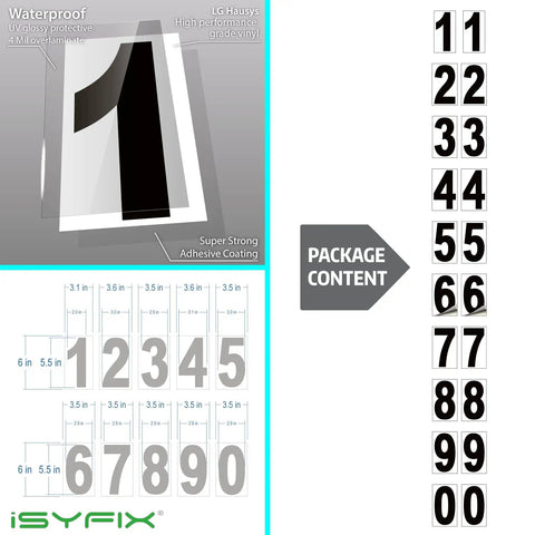 Grid layout of bold white vinyl house numbers two sets of 6 inch pre spaced address stickers showing product features and measurements.