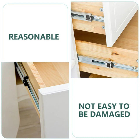 Sturdy Stainless Steel Drawer Slide Rail Set With White Plastic Glides installed in wooden cabinet showing durability and quality.