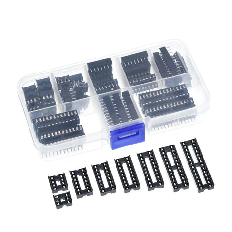 Kick It Up A Notch With This Awesome 66 Pc Dip Ic Socket Kit For All Your Electronics Projects! Features Solder Type Adaptors In 6, 8, 14, 16, 18, 20, 24 And 28 Pin Sizes To Make Wiring A Total Snap And Get You Building Faster Than Ever Before Today! black DIP IC socket kit in plastic organizer case