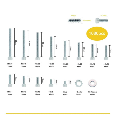 1080 Pieces M3 Stainless Steel Hex Socket Cap Screws Kit With Wrench For DIY Projects Machinery Bikes And Home Repairs Durable Fasteners With Precise Threads And Corrosion Resistant Finish. Assorted M3 bolts, nuts, and washers with sizes shown.