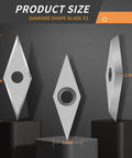 Front view of carbide lathe inserts set with diamond, square, and round shapes and center holes for wood turning.