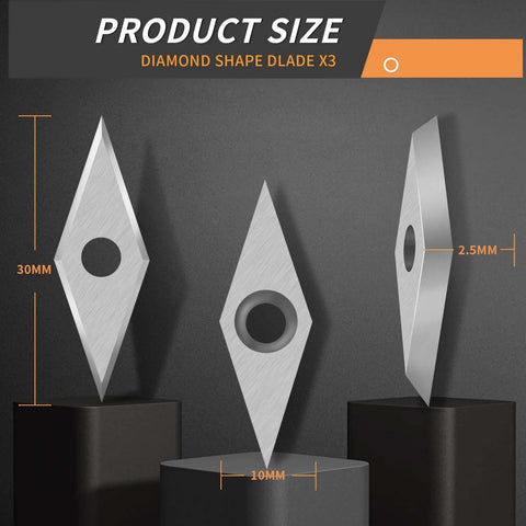 Front view of carbide lathe inserts set with diamond, square, and round shapes and center holes for wood turning.