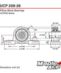 Beefy Heavy Duty Pillow Block Bearing With 1-5/8 Inch Bore Two Bolt Self Aligning Solid Base For Hardcore Industrial Replacement Pack Of 2 Designed For Extreme Climate Low Noise Vibration Free Long Life High Performance dimension drawing