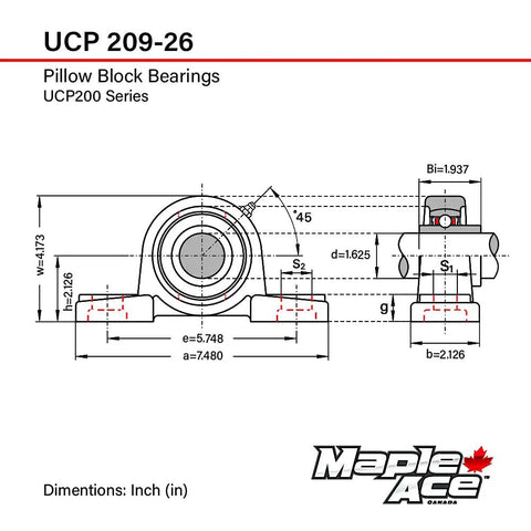 Beefy Heavy Duty Pillow Block Bearing With 1-5/8 Inch Bore Two Bolt Self Aligning Solid Base For Hardcore Industrial Replacement Pack Of 2 Designed For Extreme Climate Low Noise Vibration Free Long Life High Performance dimension drawing