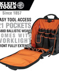 All In One Tool Backpack With 21 Pockets And Big Interior Includes Removable Magnetic Flashlight And Built In Work Light Opened