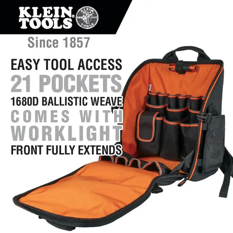 All In One Tool Backpack With 21 Pockets And Big Interior Includes Removable Magnetic Flashlight And Built In Work Light Opened