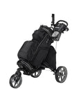 Hardcore Lightweight Foldable Golf Push Cart With Zero Hassle Quick Release Frame And Smooth 360 Rotating Front Wheel Adjustable Handle Cooler Cup Rack Umbrella Socket For Weekend Tee Times side view with bag attached
