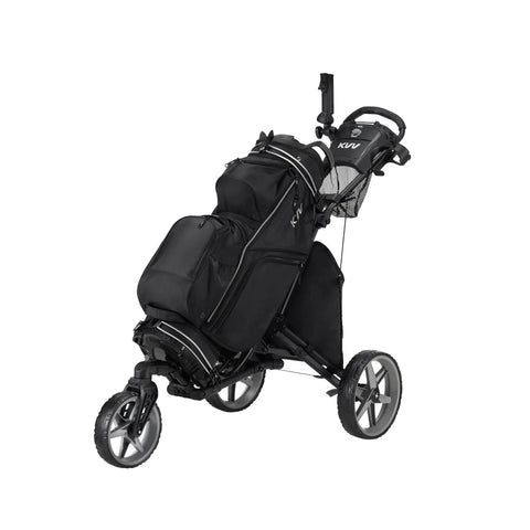 Hardcore Lightweight Foldable Golf Push Cart With Zero Hassle Quick Release Frame And Smooth 360 Rotating Front Wheel Adjustable Handle Cooler Cup Rack Umbrella Socket For Weekend Tee Times side view with bag attached