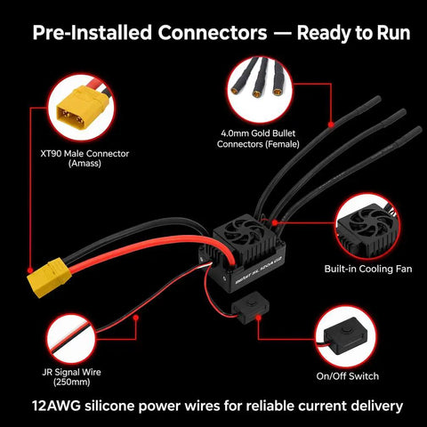 Pre-installed connectors on 120A Sensorless Brushless ESC Beast for One-Tenth Scale RC Cars and Trucks, 2S-4S LiPo Ready