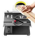 Portable Multi Function Table Saw With Drill Chuck And Sanding Kit, 200W Copper Motor, shown cutting wood at 90 degrees