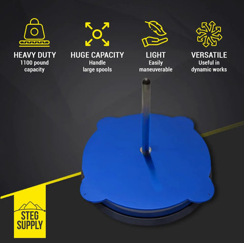 Rugged Heavy Duty Cable Reel Stand With Nylon Caddy And Metal Bearings for spools up to 1100 pounds, blue round base.