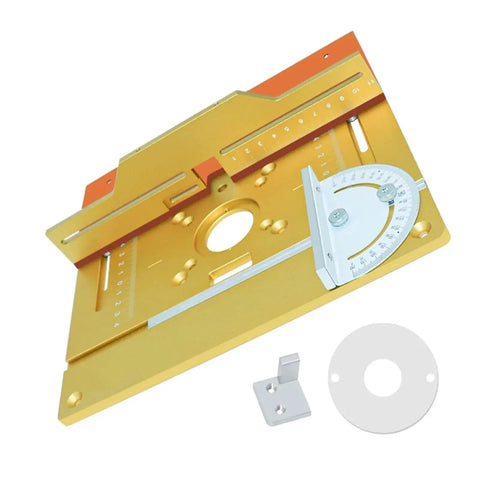 Slick Aluminum Router Table Insert Plate With Precision Center Bushing For Rock Solid Wood Milling And Trimming Heavy Duty Flip Mount Board fits standard router base with ruler and angle gauge.