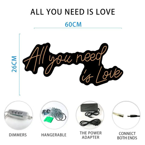 All You Need Is Love Neon Sign LED Light For Home Bar Party Decor, Customizable Neon Wall Art details, 60x26cm
