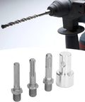 Beefy Carbon Steel Keyless Chuck Adapter for Easy Drill to Earth Auger Connection with three interchangeable bits displayed