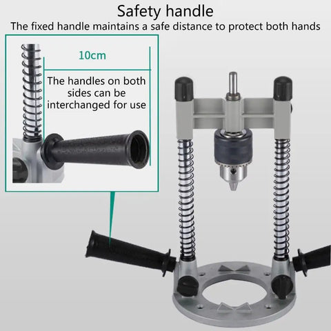 Pro Grade Drill Press Jig For Boss Level Precision In Vertical And 90 Degree Angled Boring Portable Attachment with safety handle.