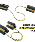 Heavy Duty Rubber Wheel Chocks With Rope For RVs Campers Travel Trailers Cars And Trucks Easy To Use Wheel Immobilizers Grippy No Slip Tire Chocks For Parking Durable 4 Pack Two Pairs showing yellow-striped rubber chocks connected by a 47.4 inch nylon rope.