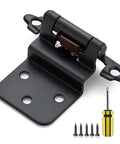 10 Pack 5 Pairs Three Eighths Inch Inset Kitchen Cabinet Door Hinges Black Semi Concealed Face Frame Self Closing Hardware With Door Bumpers And Included Screwdriver For Easy Install, shown with screws and screwdriver