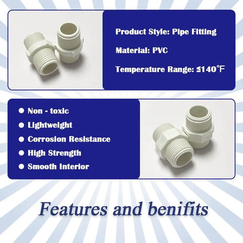 12 Pack 3/4 Inch PVC Pipe Fittings Hex Nipple G3/4 Male X G3/4 Male Coupling Adapters For Plumbing, White PVC Nipple Connectors, Features