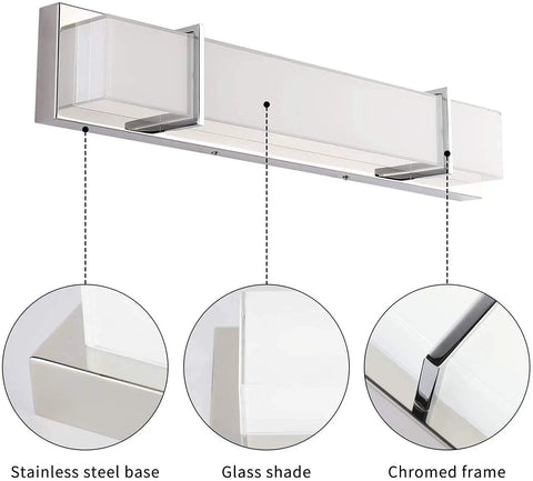 LED Vanity Light Bar For Bathroom 4000K Chrome Finish With Milky Glass Diffuser Over Mirror Wall Sconce Lamps, close-up view