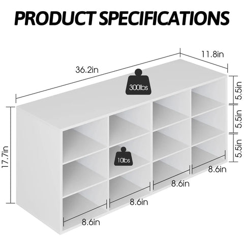 12 Cubby Shoe Storage Bench With 3 Tier Vertical Wood Shoe Rack Organizer for Entryway Hallway Closet and Garage, white cabinet dimensions