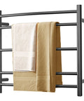 Black Wall Mounted Electric Towel Warmer Rack with 5 Bars Stainless Steel Heated Towel Holder 40W 120V displaying two towels