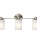 Sleek 3 Light Vanity Light With Satin Etched Opal Glass And Clear Glass Accents In Brushed Nickel Finish, front view.