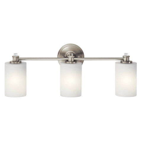 Sleek 3 Light Vanity Light With Satin Etched Opal Glass And Clear Glass Accents In Brushed Nickel Finish, front view.