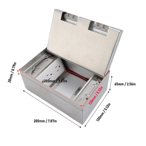 Slick Access Recessed Floor Electrical Outlet Kit Featuring Dead Simple Spring Loaded Lid And Flat Concealed Duplex Receptacle For Top Shelf Tile And Marble Floors, stainless steel design, open view.