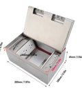 Heavy Duty Stainless Steel Recessed Floor Power Outlet Kit With Usb A Charging Port And Ethernet Jack Flush Mount Electrical Box open view with measurements.