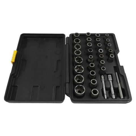 32 Piece Bolt Extractor Socket Set For Removing Damaged Rusted Bolts And Nuts With 1/4 Inch And 3/8 Inch Adapters in open case
