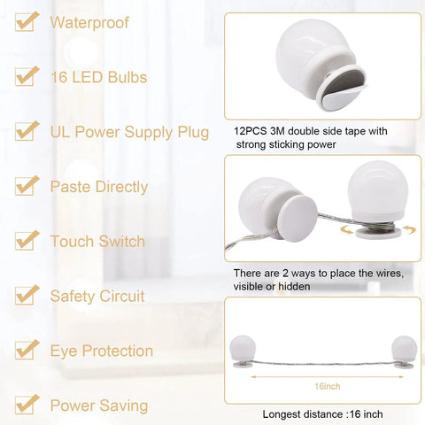 Hollywood Vanity Mirror Lights With 16 LED Bulbs, Dimmable Plug In, 3 Color Modes 300K 4000K 5000K, Stick Up Wall Mount details