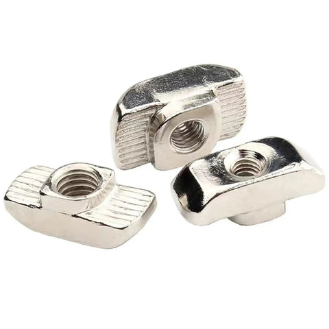100 Pack Of M6 T Slot Nuts Forged From Nickel Plated Carbon Steel For 4545 Aluminum Extrusions featuring hammer head fasteners detailed view.