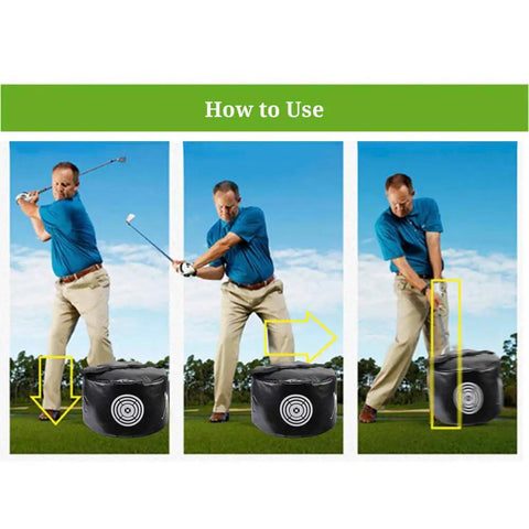 Golf instructor demonstrates usage of Impact Power Golf Smash Bag for Swing Training Aids, Waterproof Durable Hitting Bag, Black.
