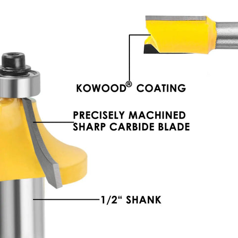 Close-up of Durable Carbide Router Bit Set With Anti Kickback, 12 Pieces, Half Inch Shanks, showing blade and shank details.