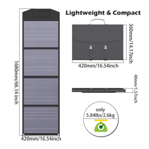 Dimensions and weight of Foldable 2000W Solar Panel System for 12V Off-Grid Power, showing lightweight and compact design
