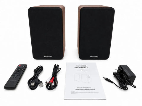 Beefy Bass Bookshelf Speakers 36W RMS BT Five Four Wireless Studio Monitors with accessories including remote and cables