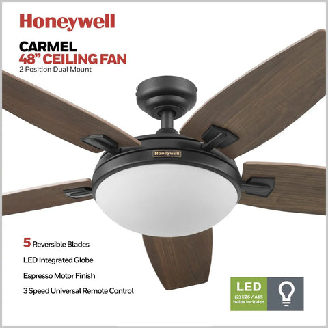 48 Inch Indoor Ceiling Fan With LED Light, Remote Control, Bronze Finish, Reversible Motor, Dual Mounting Options