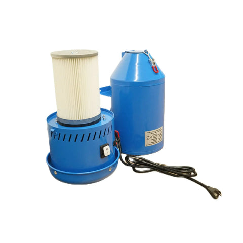 Badass 1.75 HP Dust Collector For Sand Blast Cabinet Reclamation Systems And Media Blasters, blue unit with filter and bin.