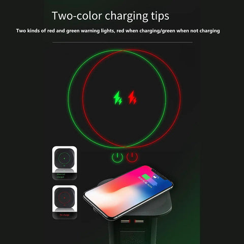 Solid Build Automatic Pop Up Power Strip With Quick Wireless Charging Pad showing two-color charging tips with red and green lights.
