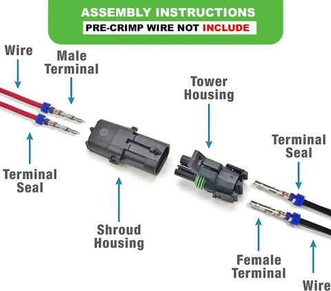 Ultimate Automotive Weather-Pack Connector Kit For 20 Amp Systems With Sealer Terminals And Housing For Male Female Quick Disconnect Splices Plus Wire Gauge Range From 10 To 20 Ga Ready For Any Rig Or Ride, assembly diagram