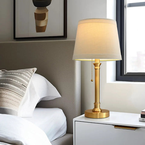 Modern Gold Brass Table Lamp Set Of 2 For Bedroom And Living Room With White Drum Shade 19.5 Inch Tall, bedside view