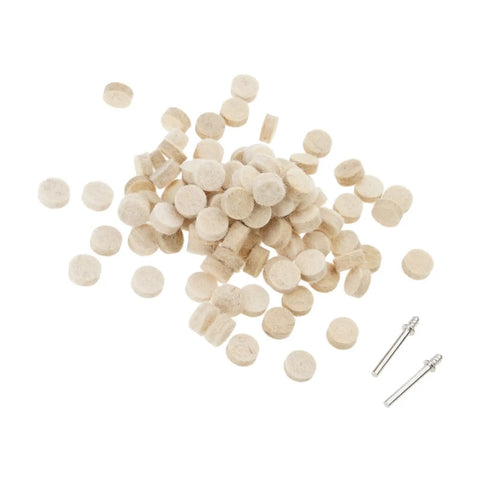 Get Ready For Some Serious Shine With The 100 Piece 13mm Wool Felt Polishing Buffing Pads Featuring Quick Fit Shank Design, 13mm pads scattered.