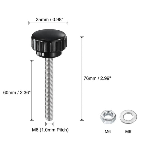 Four Pack Knurled Knobs Thumb Screws With Nuts And Washers For Quick Grips Pro Grade M6 x 60mm Male Thread, 25mm Head