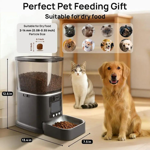 Automatic Cat Feeder With HD Camera And Two Way Video Chat Powered By 5G WiFi For Live Pet Monitoring Plus 5 Liter Food Storage with two pets beside it.