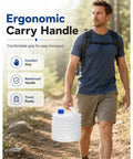 Man carrying Two 2.6 Gallon Collapsible Water Container With Leak Proof Spigot For Camping And Outdoor Adventures BPA Free Foldable