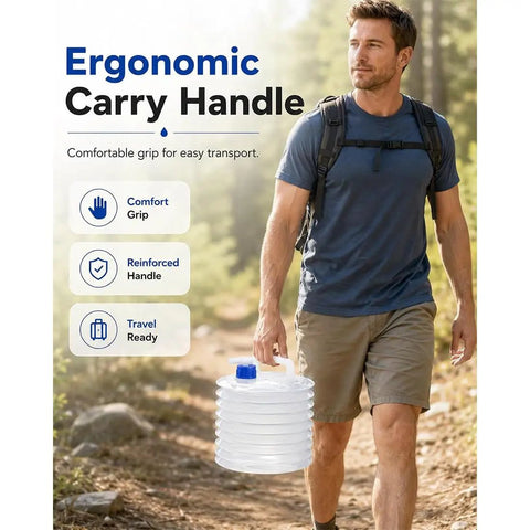 Man carrying Two 2.6 Gallon Collapsible Water Container With Leak Proof Spigot For Camping And Outdoor Adventures BPA Free Foldable