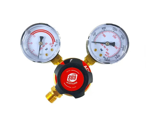 Front view of Acetylene Regulator For Welding Gas Gauges CGA-200 Rear Connector LDP Series with dual pressure gauges.