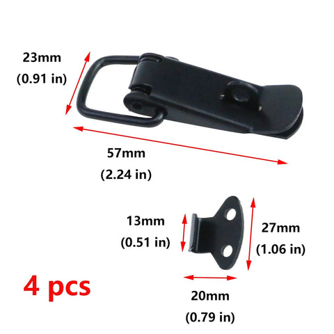 4 Piece Stainless Steel Cabinet Toggle Latch Set With Spring Loaded Catch Hasp And Screws, dimensions and features displayed